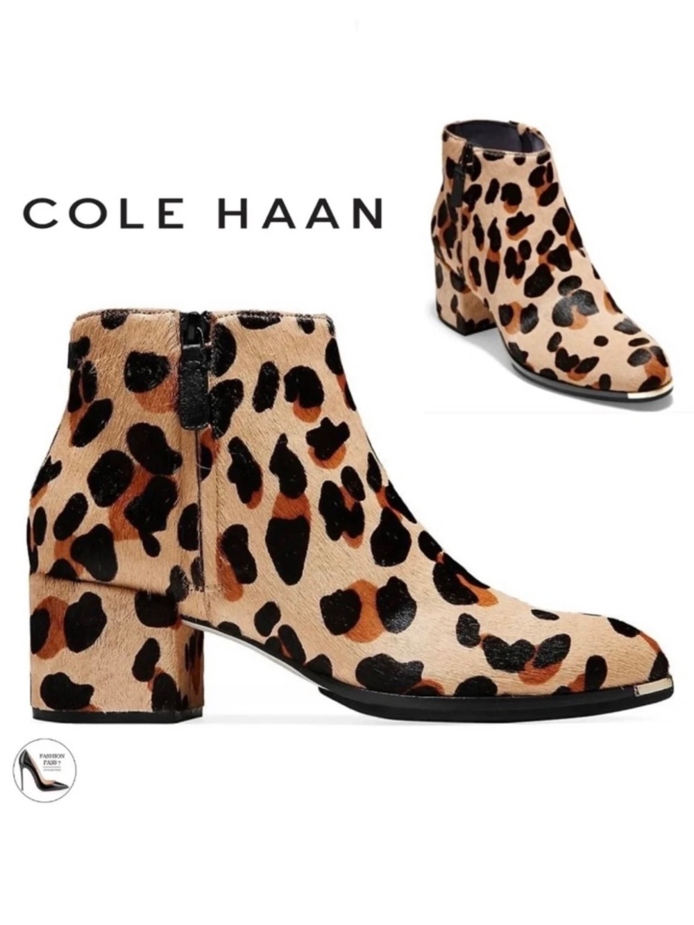 Cole Haan Grand Ambition Leopard Calf-Hair Ankle Boots Block Heel Booties 8.5